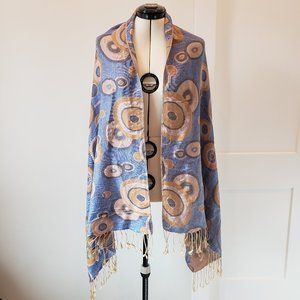 Pashmina Silk Blend Tan/Blue Circle Print Wrap/Scarf